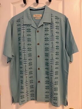 Tommy Bahama Seafoam Green Short-Sleeve Camp Shirt with Vertical Leaf Stripe